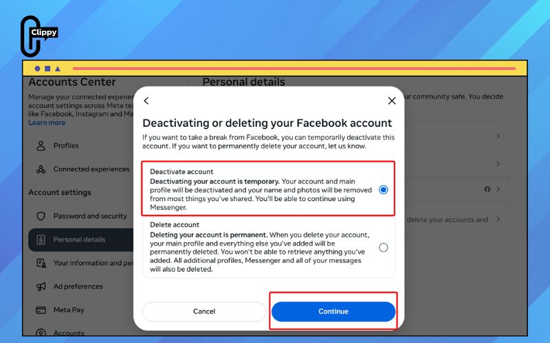 how to deactivate facebook account in mobile